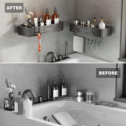 Voldra Shower Caddy - Suction Cup Shower Shelves with Towel Bar & Hooks | No Drilling, Gray, 2 Pack