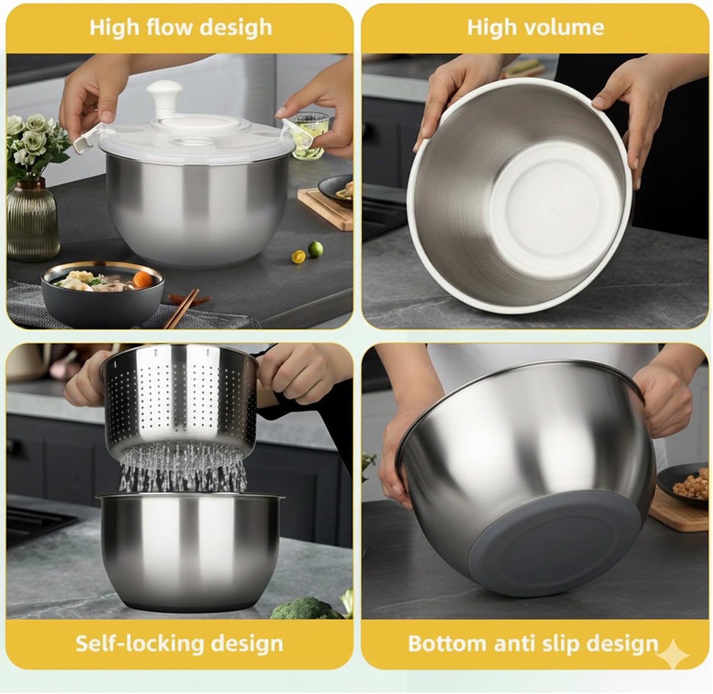 Skiennix 6L Stainless Steel Salad Spinner - Non-Slip Base & Multi-Use Vegetable Strainer