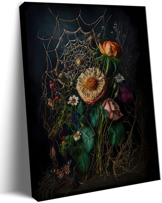 KISSFOX Gothic Wall Art - Dark Academia Decor - Framed Victorian Poster - Moody Vintage Botanical Floral Canvas Prints - Retro Plant Painting Home Decor for Room Aesthetic Bedroom