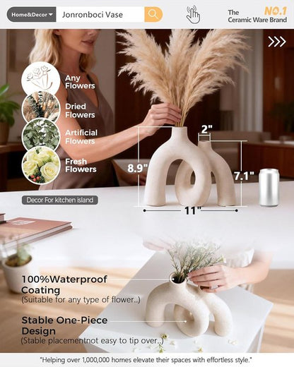 Hug Donut Decorative Vase Set - Modern Nordic Boho Style Matte Ceramic Vases for Home Decor | Cream White