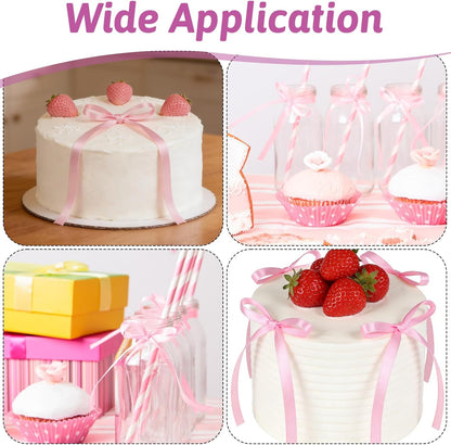 Skiennix 30Pcs Bow Cake Toppers - Pink Bowknot Decorations for Birthday & Wedding Parties
