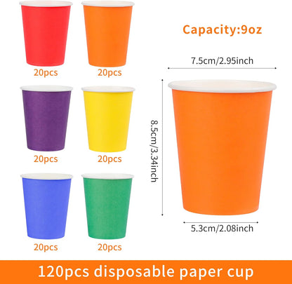 Rainbow | 9 Oz Disposable Paper Cups - 120-Pack Colorful Party Cups for Birthdays & Events