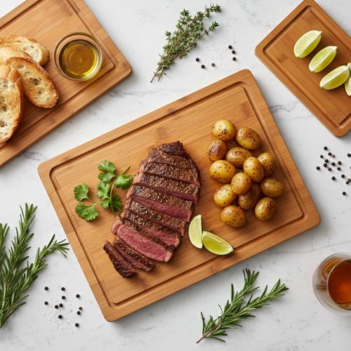 Bamboo Cutting Board Set by Skiennix - Space-Saving Design with Juice Groove & Grip Handle - Perfect for Meal Prep & Charcuterie