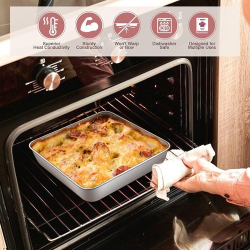 E-far 9 Inch Square Cake Pan Set - Non-Toxic Stainless Steel Bakeware with Lids | Easy Clean & Dishwasher Safe, 4 Pieces