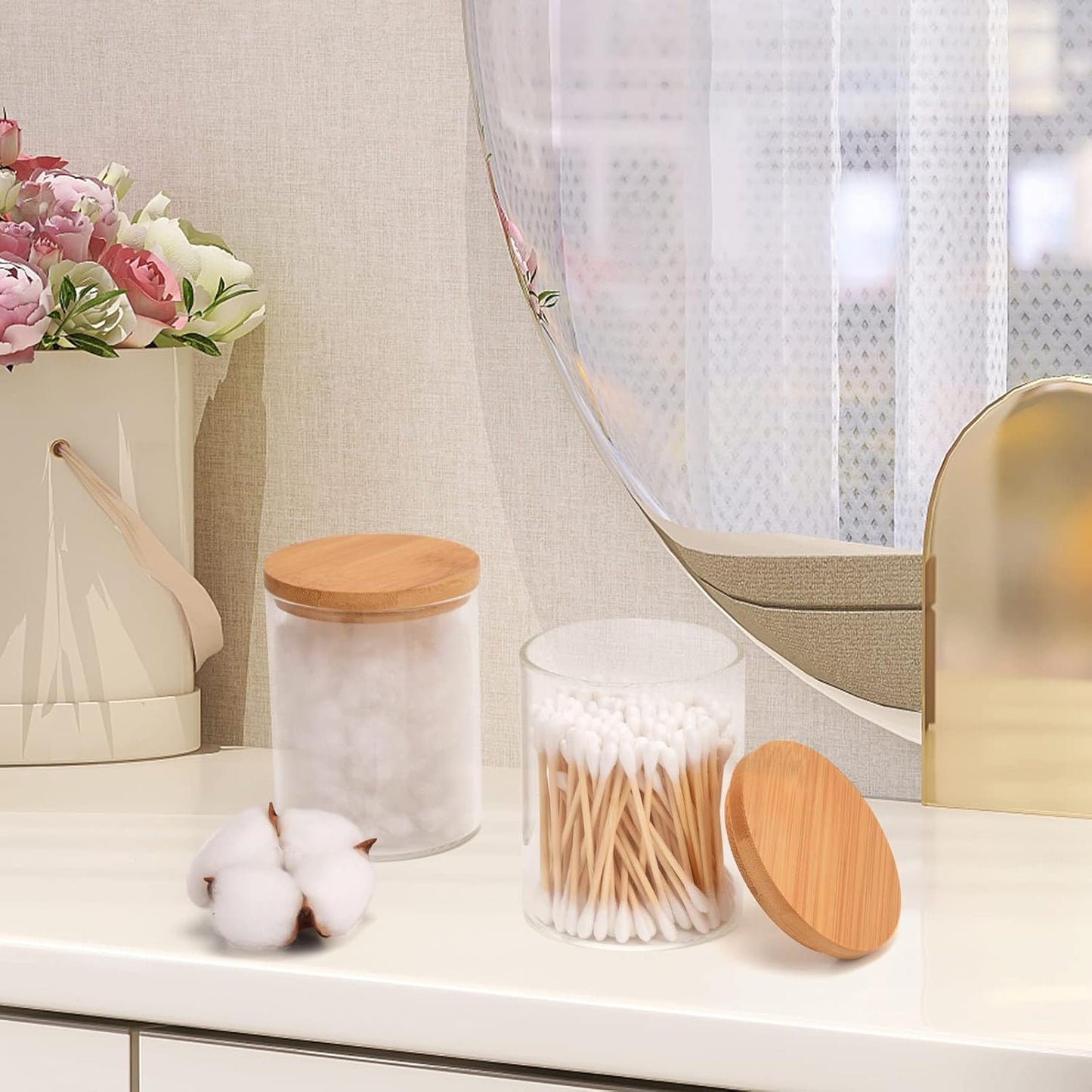 BKYFPQ Glass Qtip Holder Dispenser Set - Stylish Apothecary Jars with Lids for Makeup & Bathroom Storage | 2 Pack