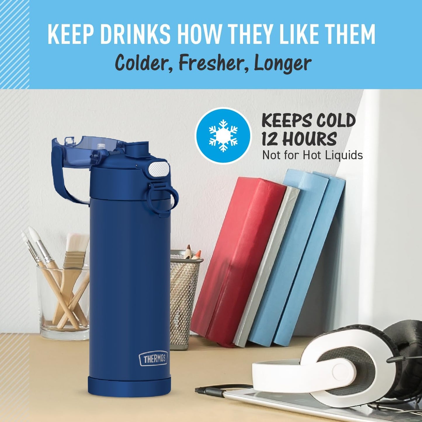 THERMOS FUNTAINER 16 Ounce Stainless Steel Insulated Bottle - Wide Spout Lid, Navy Color