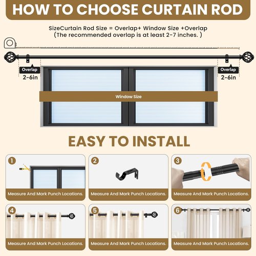 Luvenia Black Decorative Curtain Rod,Adjustable Curtain Rods For Windows 28 to 48 Inch(2.3-4Ft),Small Curtain Rod For Bedroom, Living Room,Kitchen,Farmhouse
