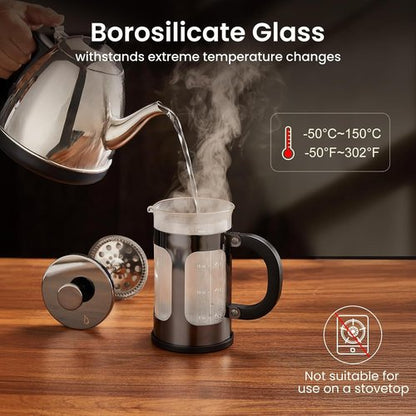 BAYKA French Press Coffee Maker - 21 Ounce Heat Resistant Borosilicate Glass | Dark Pewter Single Serve Brewer