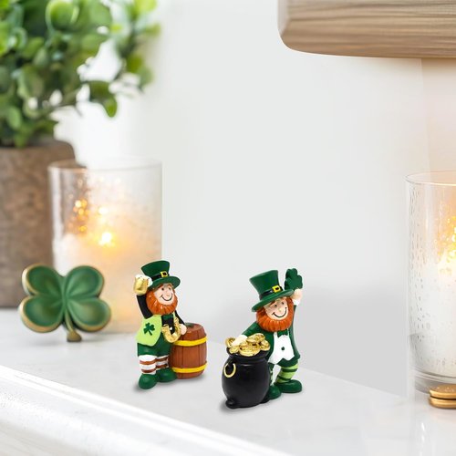 Gift Boutique St. Patrick’s Day Leprechaun Figurines Set - Mini Resin Irish Decor with Gold Coins & Shamrock