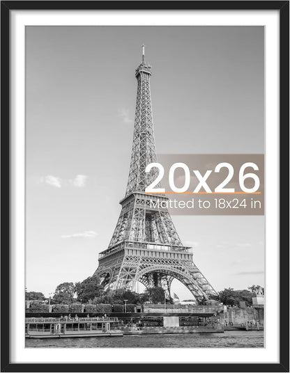 Upsimples 20x26 Picture Frame - Versatile Display for 18x24 with Mat or 20x26 Without - Black, 1 Pack