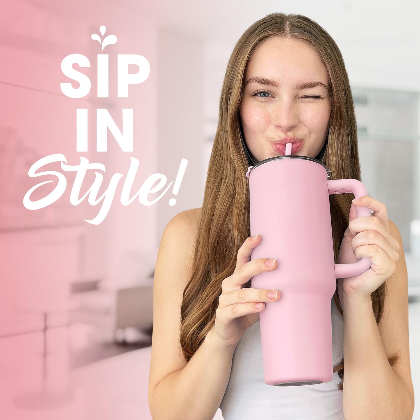 osse 40oz Tumbler with Handle and Straw Lid | Double Wall Vacuum Reusable Stainless Steel Insulated Water Bottle Travel Mug Cup | Modern Insulated Tumblers Cupholder Friendly (Pink Dusk)