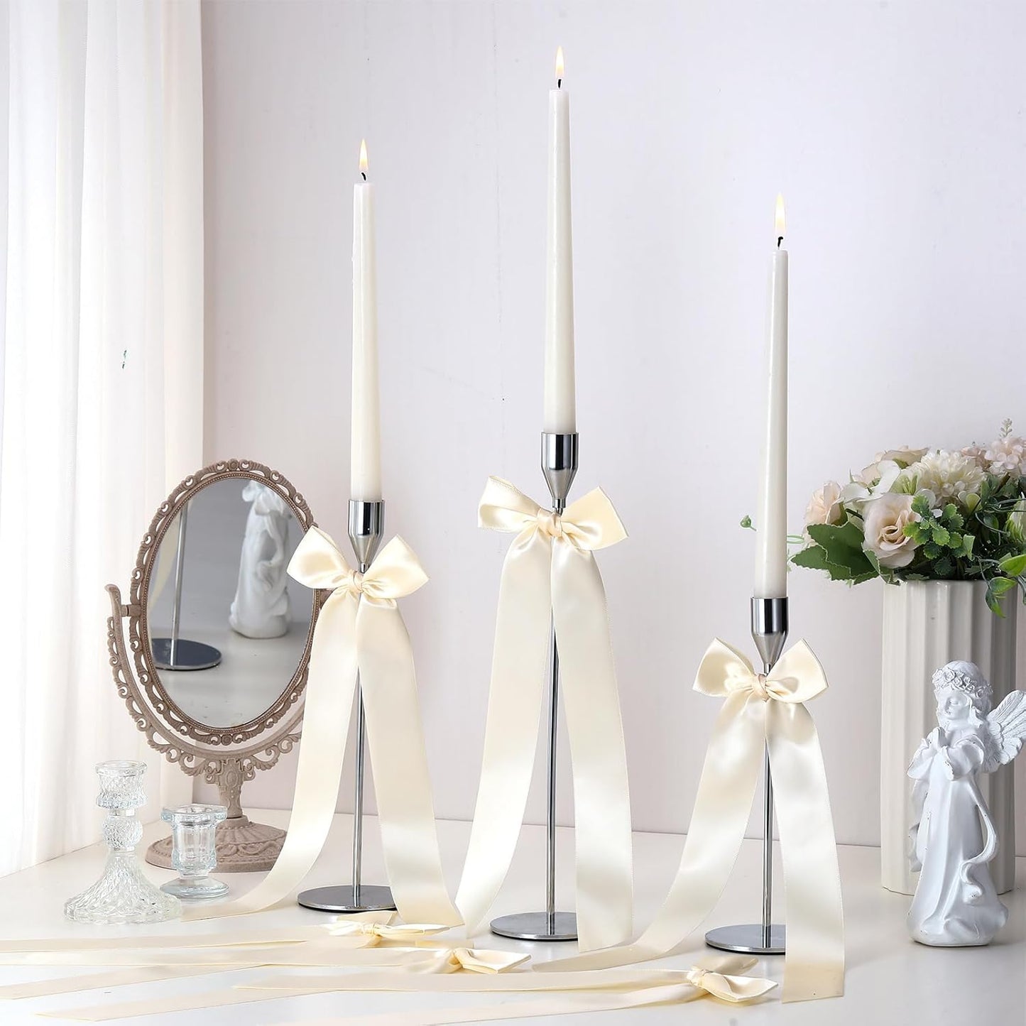 Teenyyou 12 Pcs Ivory Candlestick Bows - 13 Inch Large Coquette Table Decor & Candle Holders