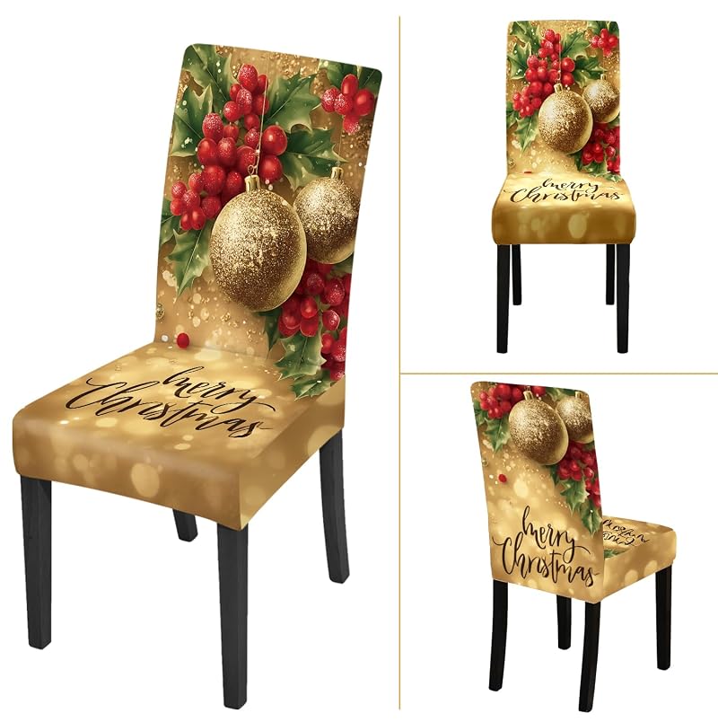 Chair Covers Set of 6 - Stretchable Dining Room Slipcovers with Elastic Band, Washable, Gold Merry Christmas (Variation: Gold - Merry Christmas+6)