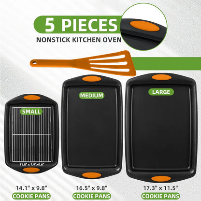 Premium Carbon Steel Baking Pans Set by [Brand Name] - 5-Piece Nonstick Bakeware with Red Silicone Handles