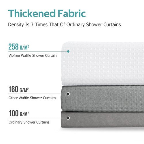 Vipfree 3 in 1 Shower Curtain Set, Waffle Shower Curtain and Liner Set with 12 Double Sided Shower Curtain Hooks, 258GSM Luxury Weighted Cloth Shower Curtains for Bathroom, 72 W x 72 H, White