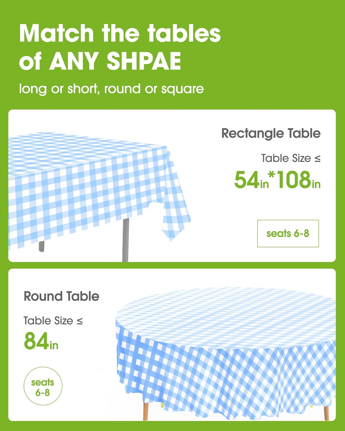 Pureegg Disposable Plastic Tablecloths - 8 Pack, 54 x 108 Inch, Leakproof Blue & White Gingham Design