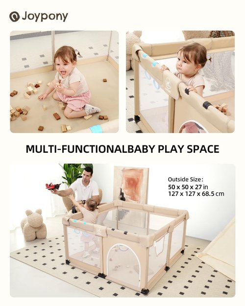 Joypony Baby Playpen - 50x50 Inch Indoor Play Yard with Gate & Soft Breathable Mesh (Beige)