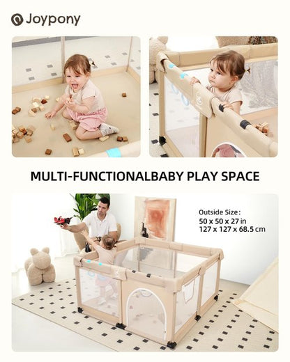 Joypony Baby Playpen - 50x50 Inch Indoor Play Yard with Gate & Soft Breathable Mesh (Beige)