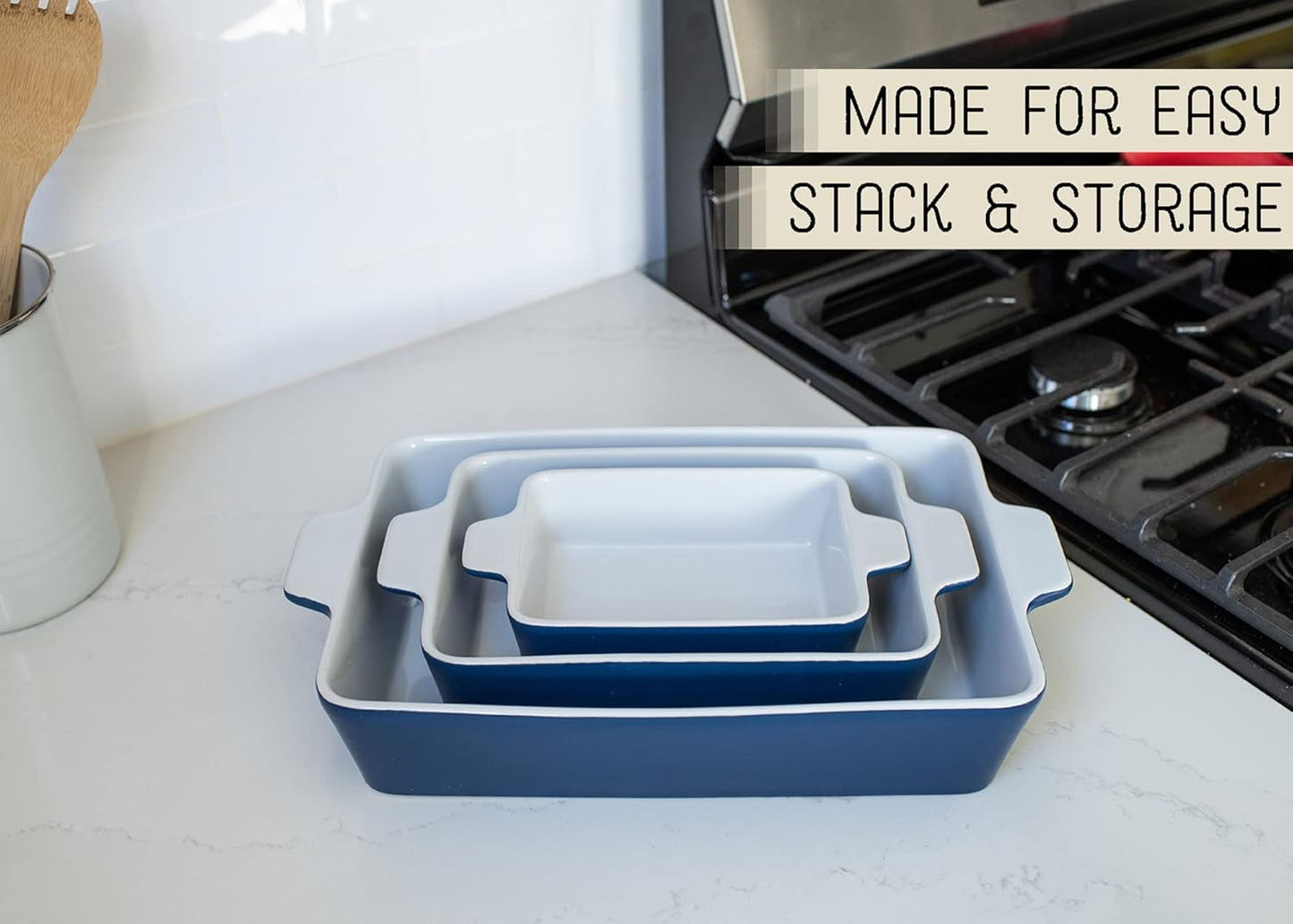 Nat & Jules Ceramic Stoneware Baking Dishes Set of 3 - Nested Blue 12 x 8 Inches