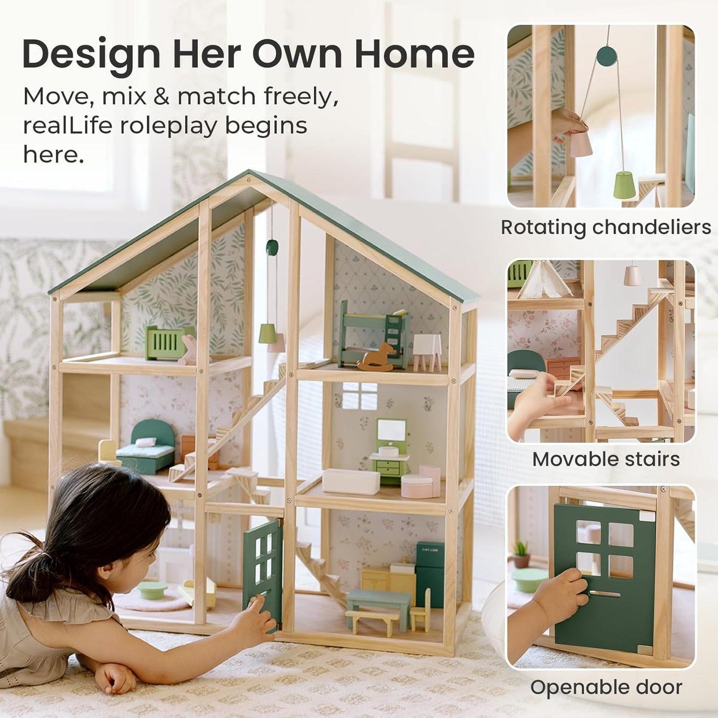 Tiny Land Wooden Dollhouse - 6 Rooms DIY Pretend Play House with 31 Furniture Pieces | Green Gift for Girls Ages 3+