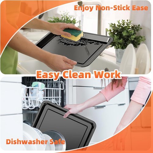 DEGOVIN Air Fryer Pans - Non-Stick Stainless Steel Crisper Tray with Cooking Guide & 30 Parchment Papers | 15.8" x 11" - Black