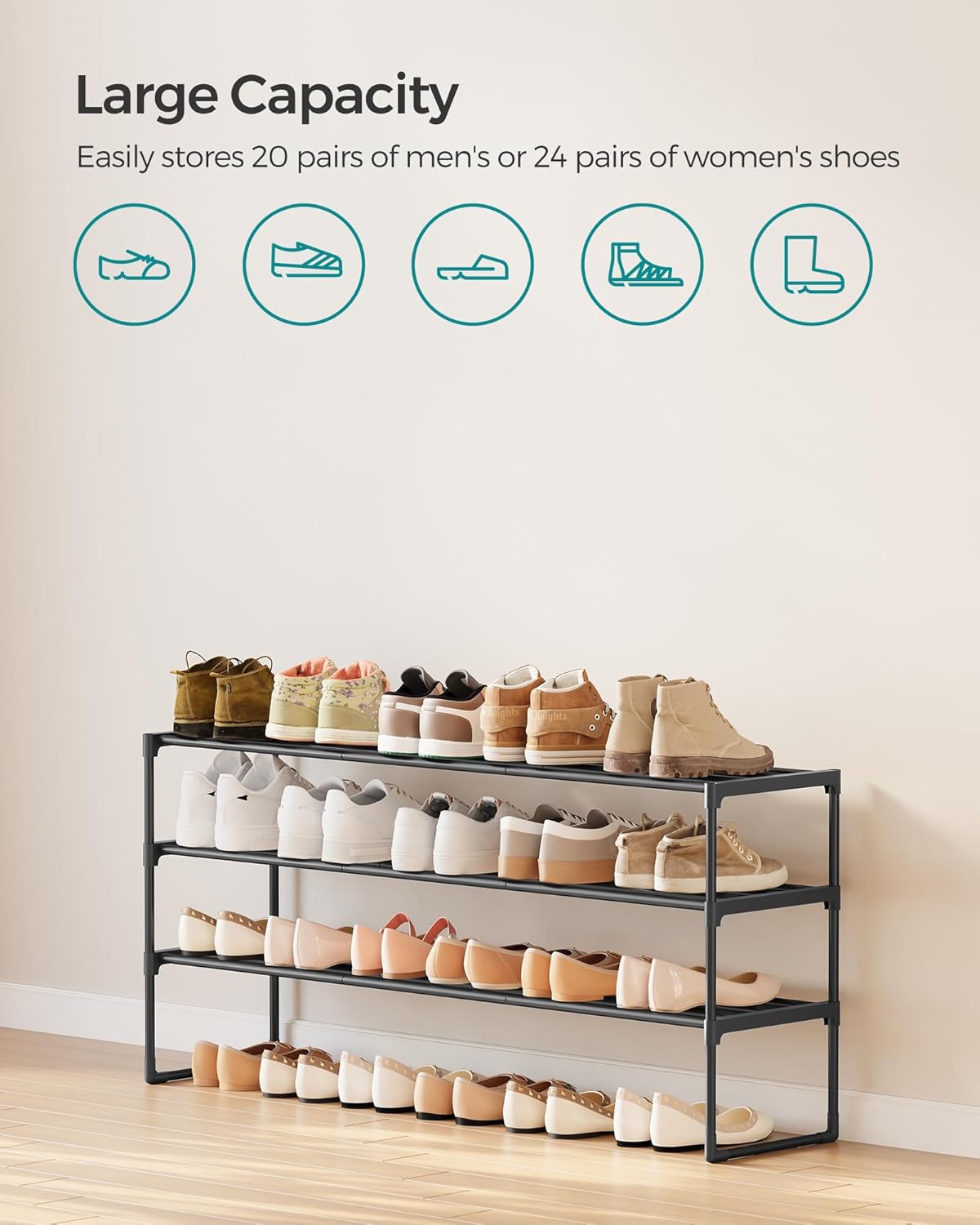 SONGMICS 3-Tier Shoe Rack - Stackable Metal Organizer for 20-24 Pairs | Black, 11.8 x 46.1 x 21.7 Inches