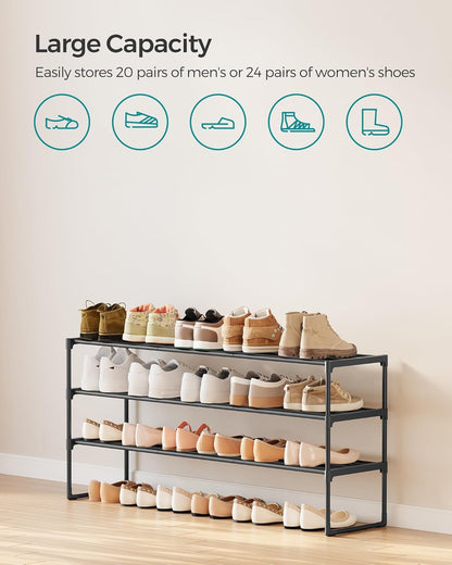 SONGMICS 3-Tier Shoe Rack - Stackable Metal Organizer for 20-24 Pairs | Black, 11.8 x 46.1 x 21.7 Inches