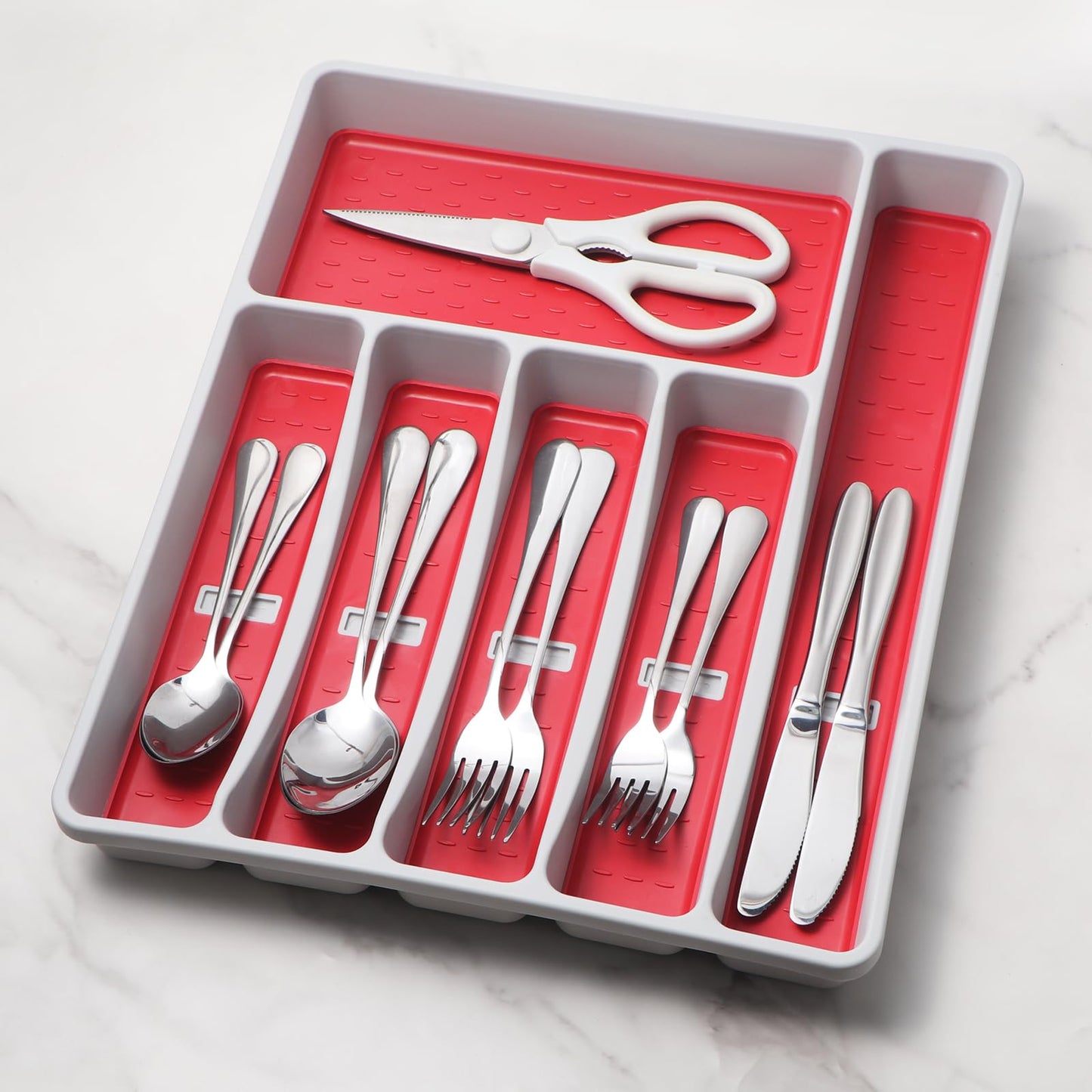 CherHome Silverware Organizer with Cutlery Icons，Silverware Tray for Kitchen Drawer，Plastic Flatware Tableware Silverware Drawer Organizer Utensil Organizer with Non-slip TPR Linings，6-Compartment