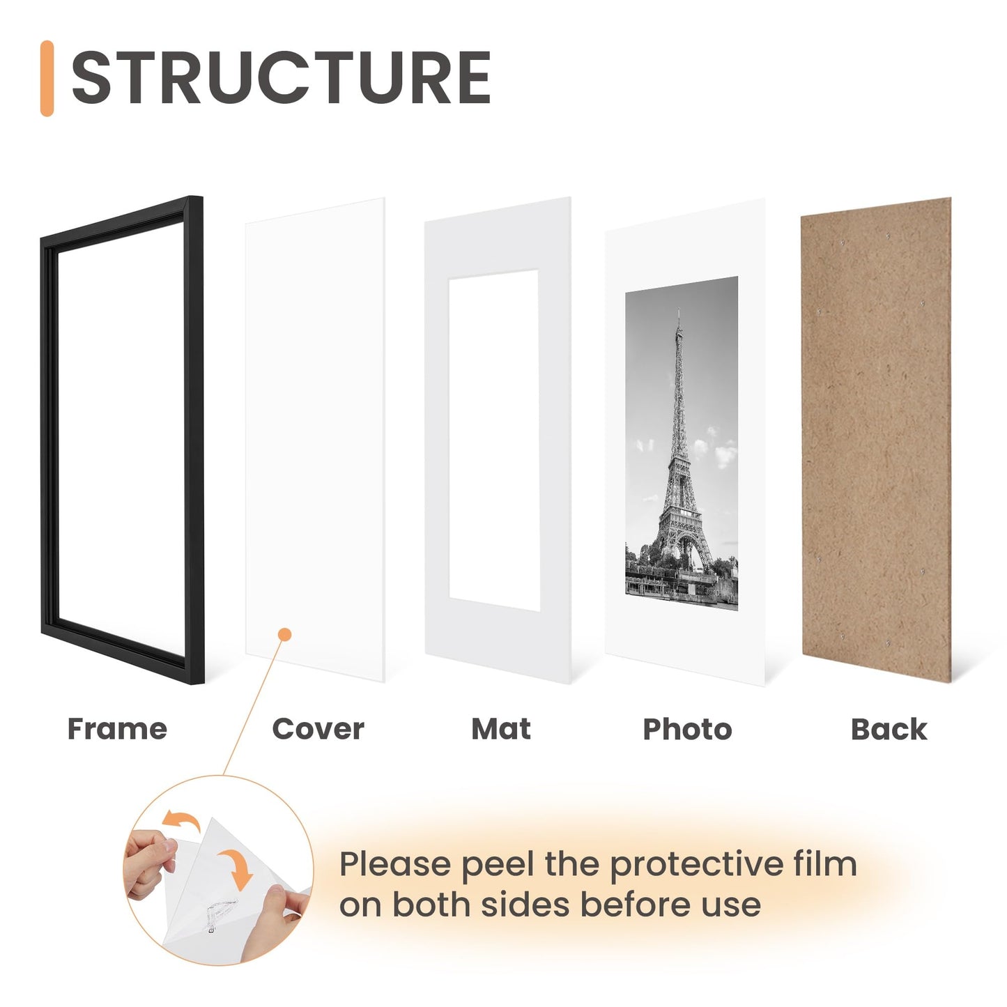 upsimples 20x30 Picture Frame Set of 5, Display Pictures 16x24 with Mat or 20x30 Without, Wall Gallery Photo Frames, Black