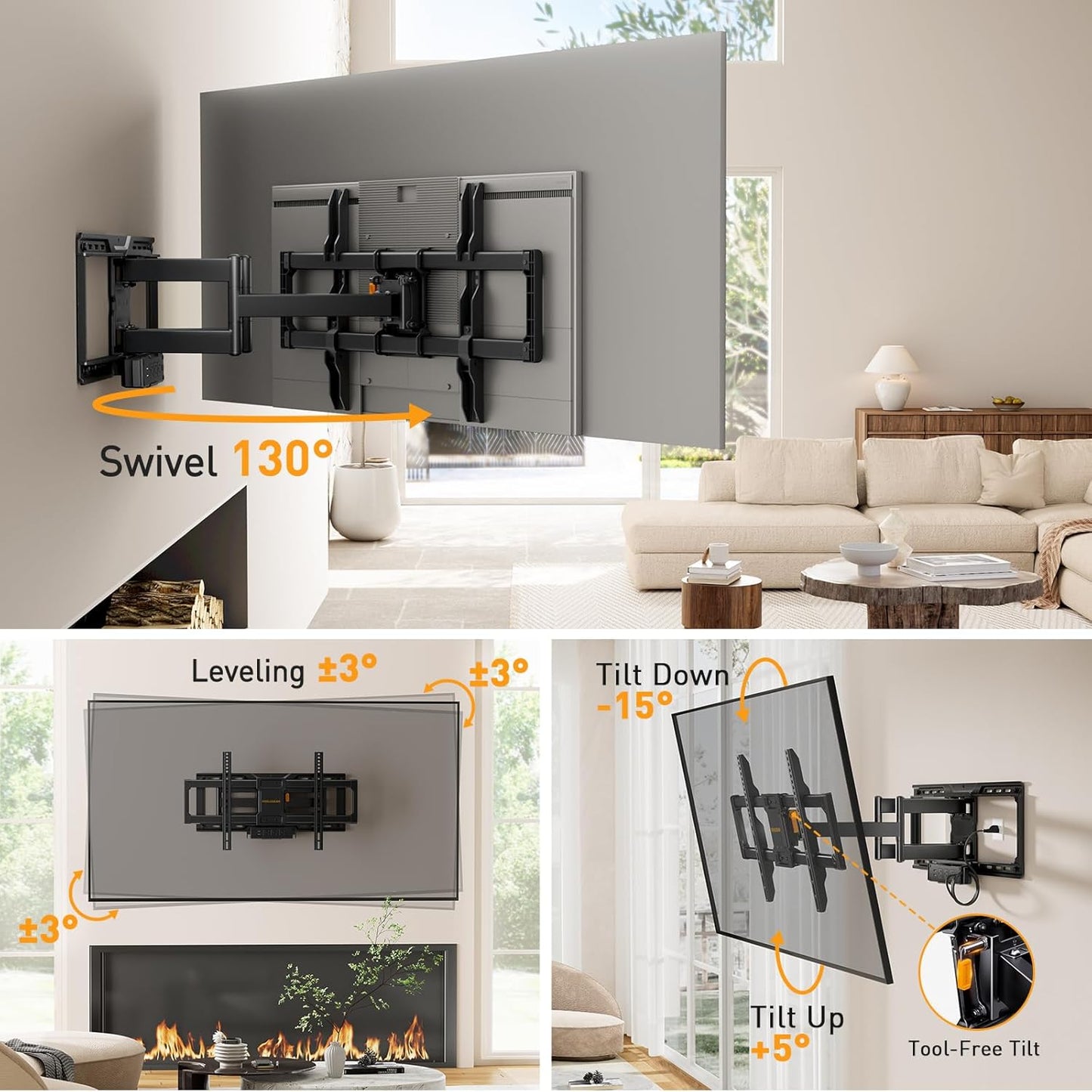 Perlegear Full Motion TV Wall Mount - Power Strip Included, Fits 42–90 Inch TVs Up to 150 lbs | Smooth Swivel & Tilt