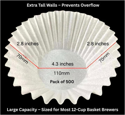 Pine & Pebble® 12-Cup Coffee Filters - 500 Count | Tall-Walled Basket Style (9.84" x 4.33") | No Grounds, No Mess | Perfect for BUNN & Standard Coffee Makers