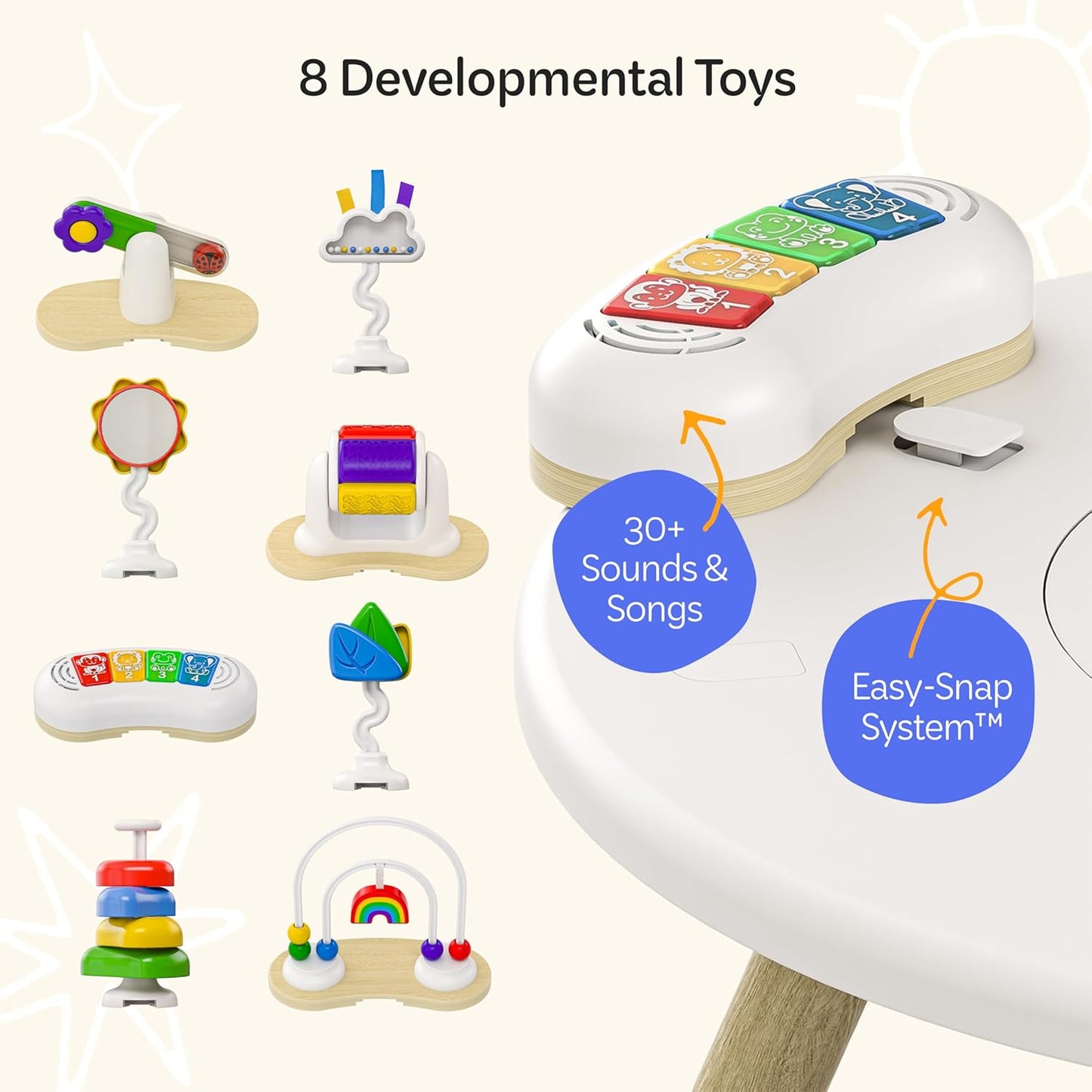 Move2Play 4-in-1 Baby Activity Center - Montessori Design with 8 Interactive Toys | Tummy Time, Exersaucer & Toddler Table | Perfect Gift for 3-12 Months (Sun)