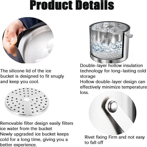 3L Double-Wall Insulated Ice Bucket with Lid, Ice shovel &Tongs and Strainer, Stainless Steel Ice Bath Tub with Silicone Sealed Lid for Wine, Ice Buckets for Parties, Wine Chiller, Light Sliver