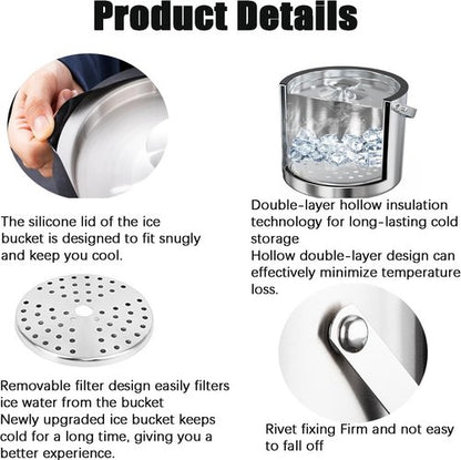 3L Double-Wall Insulated Ice Bucket with Lid, Ice shovel &Tongs and Strainer, Stainless Steel Ice Bath Tub with Silicone Sealed Lid for Wine, Ice Buckets for Parties, Wine Chiller, Light Sliver