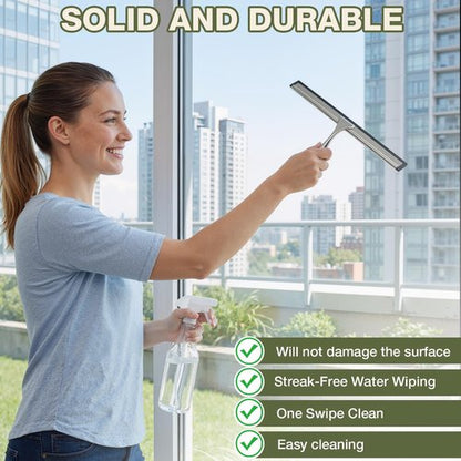 FARMER Shower Squeegee for Glass Doors, 10-Inch Glass Squeegee for Windows, Car Glass and Mirrors, Multi-Purpose Stainless Steel Squeegee with Suction Wall Hook and Over Door Hook, Silver