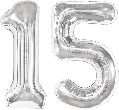Silver Number 15 Balloon - 40 Inch Silver Birthday Decoration for 15th Birthday Party Supplies