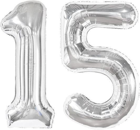 Silver Number 15 Balloon - 40 Inch Silver Birthday Decoration for 15th Birthday Party Supplies