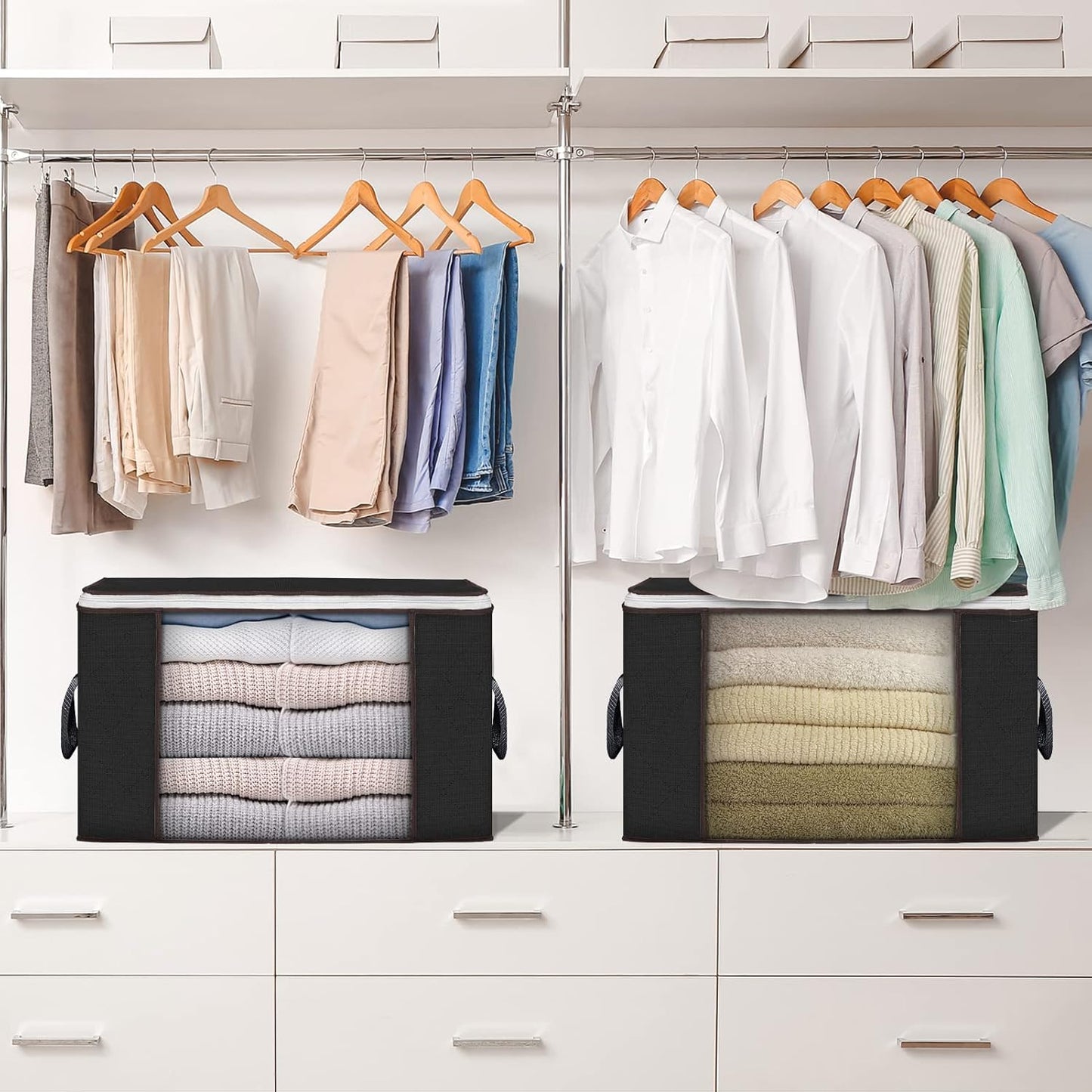 Skiennix Large Storage Bags - 8 Pack Foldable Closet Organizers with Durable Handles | 90L Black