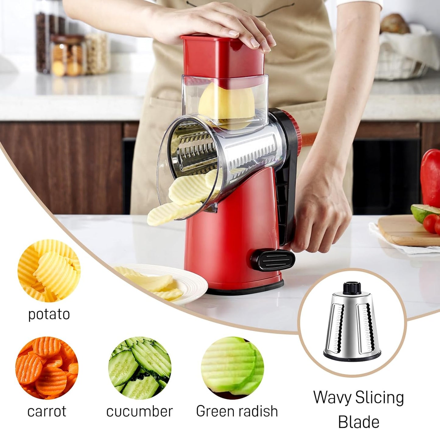 Rotary Cheese Grater by [Brand Name] - Large Hand Crank with 4 Blades & Suction Base | Red & Black