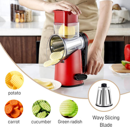Rotary Cheese Grater by [Brand Name] - Large Hand Crank with 4 Blades & Suction Base | Red & Black