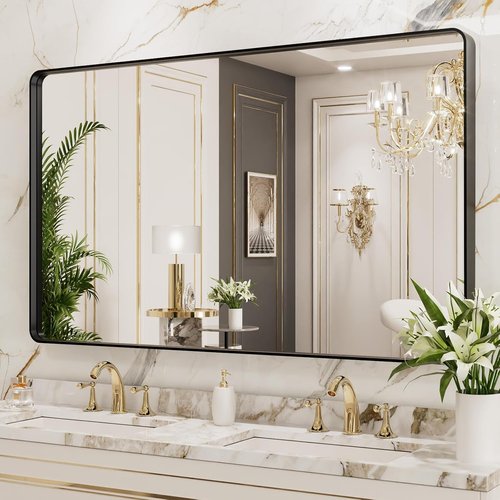 LOAAO Black Metal Framed Bathroom Mirror - 50x30 Inch Large Rounded Rectangle, Anti-Rust Tempered Glass, Versatile Hanging Options