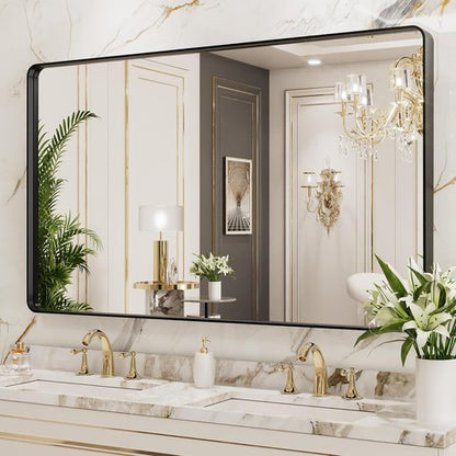 LOAAO Black Metal Framed Bathroom Mirror - 50x30 Inch Large Rounded Rectangle, Anti-Rust Tempered Glass, Versatile Hanging Options