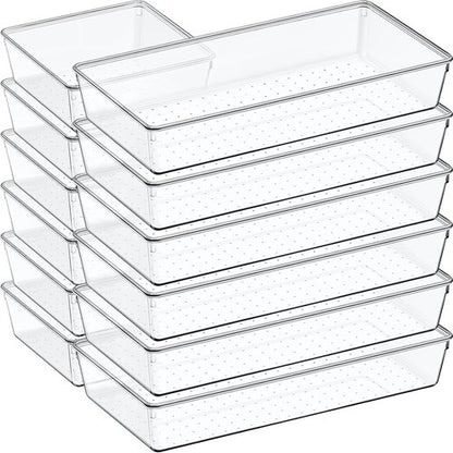 Clear Plastic Drawer Organizer Set by [Brand Name] - 12 Pack Non-Slip Storage Bins for Makeup, Kitchen & Office