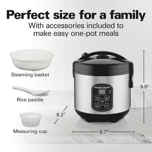 Hamilton Beach Digital Rice Cooker & Food Steamer - 8 Cups Cooked, Stainless Steel with Steam Basket