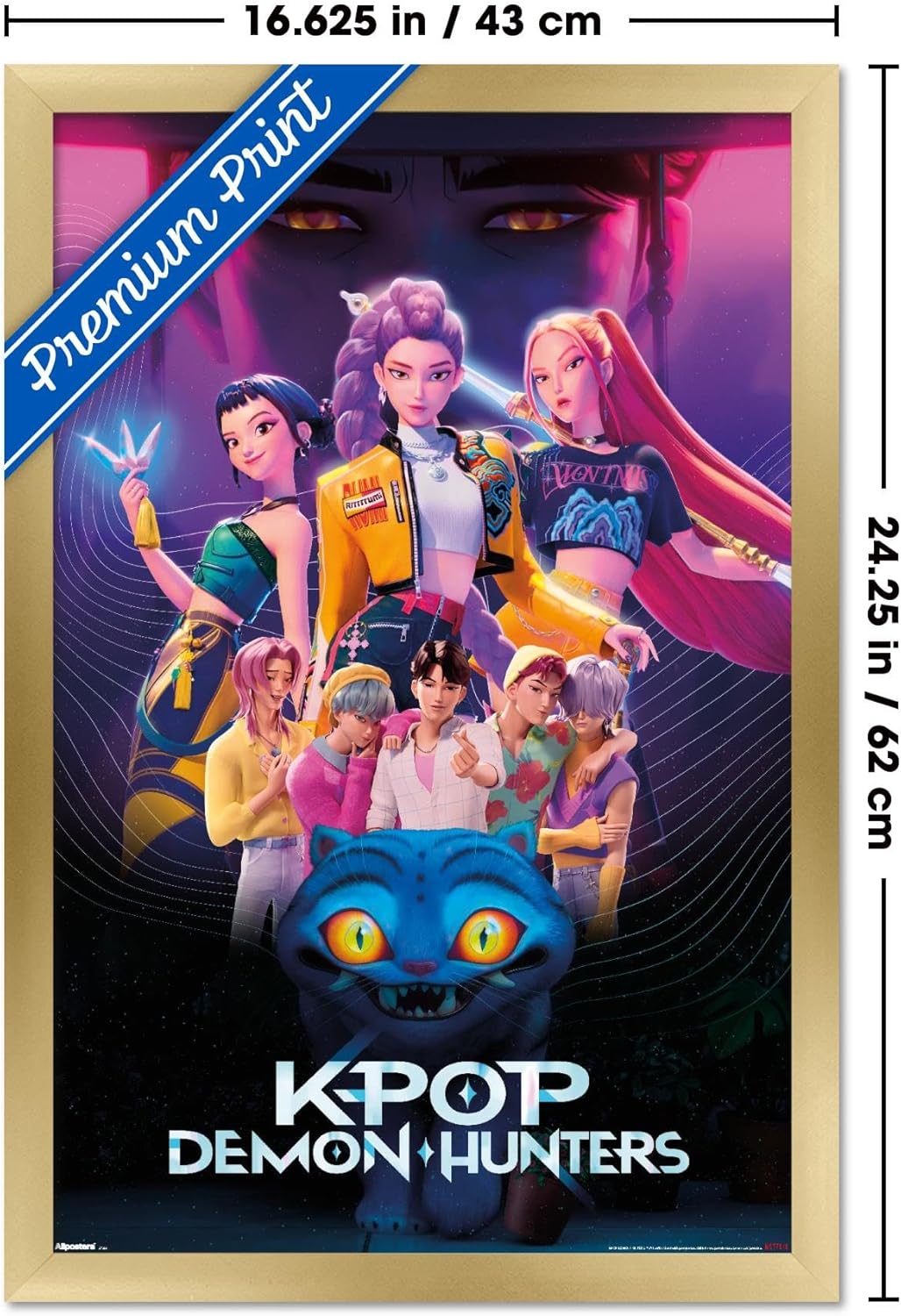Netflix KPop Demon Hunters Wall Poster - Gold Framed, 22.4L x 14.7W for Stylish Decor
