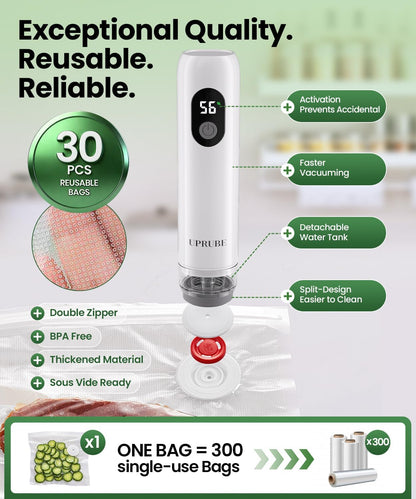 Skiennix Compact Vacuum Sealer - Powerful Handheld Food Sealer with LED Display & 30 Reusable Bags