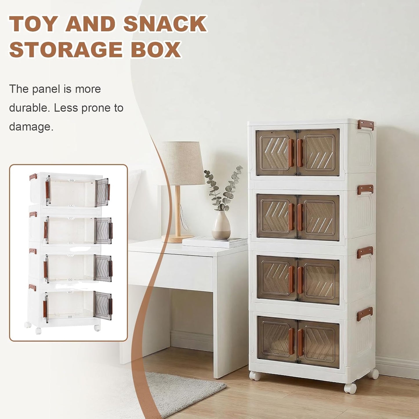 Skiennix 4-Tier Stackable Storage Bins with Lids - Foldable Containers with Wheels & Transparent Door