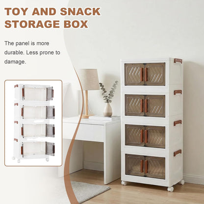 Skiennix 4-Tier Stackable Storage Bins with Lids - Foldable Containers with Wheels & Transparent Door