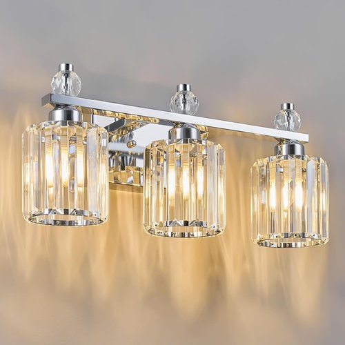 FDPBY Bathroom Vanity Lights 3-Light Chrome Modern Crystal Vanity Light Fixtures Over Mirror Crystal Bathroom Vanity Lighting Fixtures