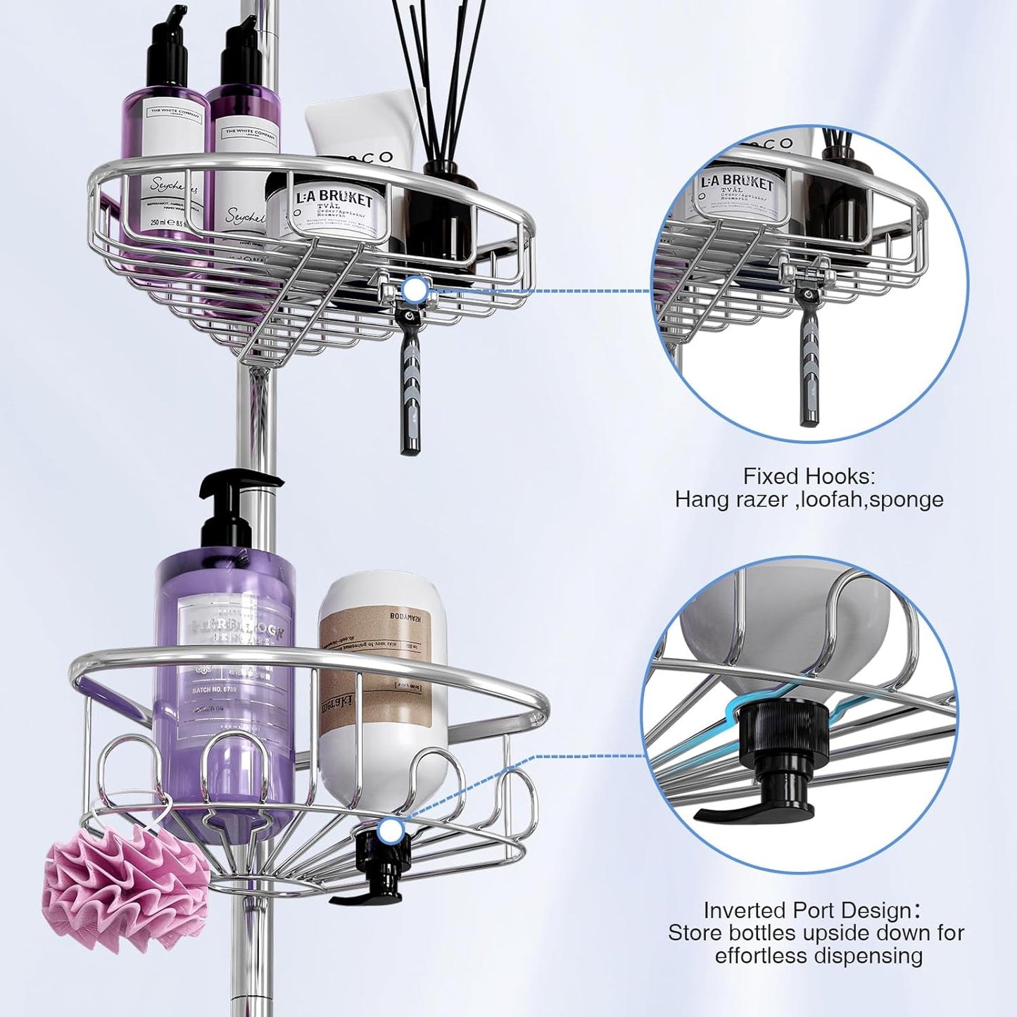 Stainless Steel Corner Shower Caddy by [Brand Name] - Rustproof 4-Tier Tension Pole Organizer | Adjustable 47-121 Inch for Bathtub & Shampoo Storage - Silver